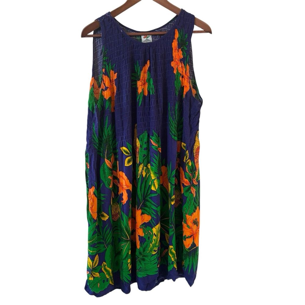 Hawaiian Dress Womens One Size Sleeveless Smocked Tropical Colorful Resort Birds